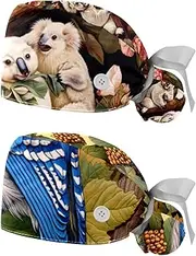 [YTYVAGT] 2-Pc,Nurse Scrub Caps,Scrub Hats with Buttons and Cotton Sweatband,Jungle Animal Plant Flower Pattern