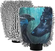 XYMZR Wolf Crow Forest Black Absorbent Microfiber Car Wash Mitt, Funny Cute Anime Scratch Free for Cars Cleaning, Home Cleaning Mitts, 2 Pack, 10.24” L x 7.09” W