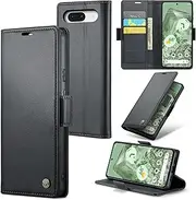 [ELEPIK] for Google Pixel 7A Case with Card Holder, Kickstand [3 Card Holder + 1 Cash Slot] [for Women & Men] [Durable PU Leather] Magnetic Wallet Phone Cover for Pixel 7A, Fashion Black