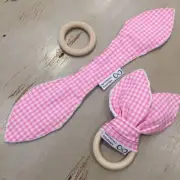 Teether, Natural Teether, Bunny Ears Teething Ring, Large Natural Wood Silicone