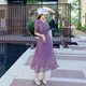短袖洋裝 連身裙 禮服新款夏季高腰長款連身裙女法式雪紡紫色碎花v領短袖長裙H325 衣時尚