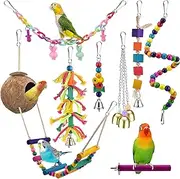 HUIRUMM 8 Pcs Bird Toys Bird Parakeet Swing Chewing Hanging Toys Toys for Bird Parakeet Toy Bird Perch Climbing Ladder Coconut Bird Foraging Toys with Bells for Parakeet,Conure,Cockatiel,Love Birds, Finch