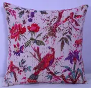 16" Floral Bird Kantha Embroidered Cushion Boho Decorative Indian Pillow Cover