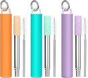 FYY Reusable Straws - 3 Pack Collapsible Stainless Steel Straws with Cleaning Brush and Silicone Tips Portable Travel Telescopic Drinking Straws with Storage Case and Keychain Ring-2