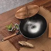 Induction Iron Wok Non-Stick Stir-Fry Flat- Bottomed Pan 32CM Without Ears Cooker Kitchen Wood Handle Non Coating