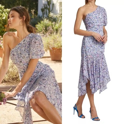 NEW ASTR The Label SANTORINI Chiffon BLUE FLORAL Puffy ONE SHOULDER Midi DRESS M