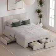 Ormond King Ivory White Boucle Bed Frame with Four Extra Large Drawers