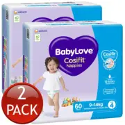 2 x Babylove Cosifit Nappies Size 4 Toddler 9-14Kg Unisex Nappy Pads 60 Pack