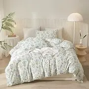 Ruccit White Floral Duvet Cover Set Double 100% Cotton Duvet Cover Double Bed 3pcs Garden Blue Green Chic Flower Bedding Set with Zipper Closure Corner Ties-Soft,Durable,Easy Care