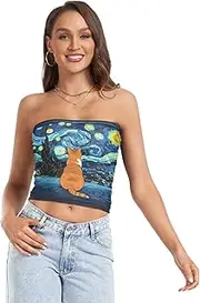 [RPLIFE] Orange Cat Starry Night Summer Tops, Women Strapless Top, Sheer Tube Tops, Sexy Tube Tops (S)