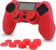 Silicone Cover Compatible with PS4 Controller, Anti-Slip Silicone Controller Skins Protector Compatible with /PS4 Slim/PS4 Pro Controller with 4 Pairs of Thumb Grips, 1 Piece, Red
