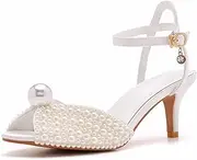 [BOTRENT] Women's Pearl Fish Mouth Ankle Strap Kitten Heel Sandals with Pendant Fashion Round Open Toe Dress Heels Wedding Shoes for Party Bride Evening