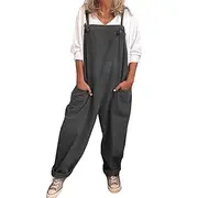 [Vnihaq] Womens Linen Jumpsuits Summer Casual Sleeveless Adjustable Strap Jumpsuits Harem Pants Bib Overalls Romper with Pocket