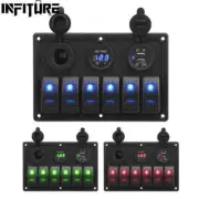 6 Gang 12V 24V Rocker Switch Panel Dual USB Slot Socket Digital Voltmeter