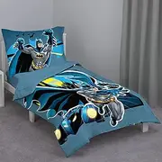 Batman - Blue Yellow & Grey 4Piece Toddler Bed Set - Comforter, Flat Top Sheet, Fitted Bottom Sheet, Reversible Pillowcase, Blue, Yellow, Black