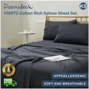 Dreamaker 1500TC Cotton Rich Sateen Flat Fitted Sheet Set Charcoal King Single