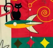 Men's S Bowling Shirt Red Retro Atomic Black Cat Jetsons Space Age 60's Rocket