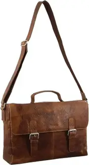 Pierre Cardin Mens Rustic Leather Flap Over Computer/Laptop Bag - Cognac