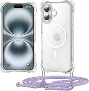 Mobile Phone Chain Case for iPhone 16 with Strap, Magsafe PC Back Protective Mobile Phone Case with Cord for Hanging, Necklace Case for iPhone 16 - Purple Rainbow
