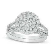0.25 CT. T.W. Composite Natural Diamond Flower Bridal Engagement Ring Set in Sterling Silver