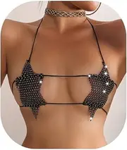 [Cusmyre] Sexy Summer Bikini Rhinestone Star Mesh Top Shirt Crystal Bra Body Chain Festival Rave Crop Tank Top Rhinestone Underwear Chain for Women, Medium, alloy, No Gemstone