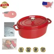 Elegant 10.6" Cherry Oval Enameled Cast Iron Pot - Self-Basting Lid Included