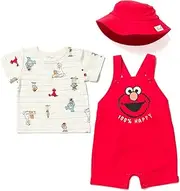 [Sesame Street] Elmo French Terry Short Overalls T-Shirt and Hat 3 Piece Outfit Set Newborn to Toddler