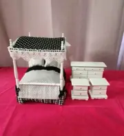 Dollhouse Miniature White & Black Bedroom Set Canopy Bed 4 Pieces 1:12 Sl OOAK