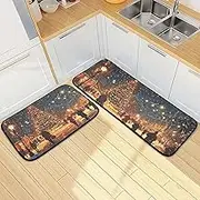 XYMZR Kitchen Mat Christmas Tree Street for Floor, 2 Piece, Non Slip Washable Kitchen Rugs for Kitchen & Home Decor, Sink, Bathroom 19.7” x 27.6” + 19.7” + 47.2”