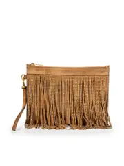 Brown Suede Fringe Detail Clutch Bag