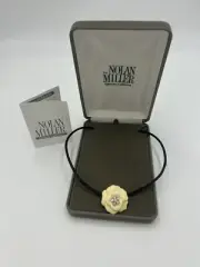 New Nolan Miller Lara Cream Camellia Flower Rhinestone Pendant Leather Necklace