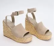 New Marc Fisher LTD Nelly Suede Espadrille Wedge Sandals Ankle Strap Natural 10M