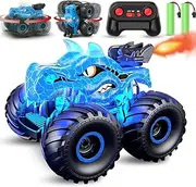 Remote Control Dinosaur Car, 2.4GHz RC Monster Trucks for Boys with Spray, Light & Sound, All Terrain RC Cars with 2 Batteries, Dinosaur Toys for Kids 3 4 5 6 7 8, Christmas Birthday Gift (Blue)