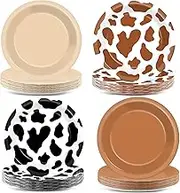 48Pcs Western Cowboy Party Paper Plates - 7Inch Cow Print Disposable Dessert Plates for Cowgirl Theme Farm Animal Birthday Baby Shower Farmhouse Party Decorations Favors