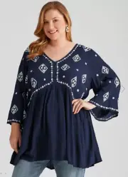 Autograph Top Plus Size 24 26 Peasant Tunic Shirt Navy Viscose Embroidered R$89
