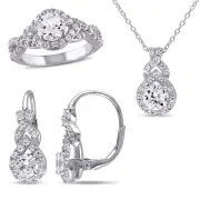 Amour Silver Created White Sapphire Pendant, Chain, Leverback Earrings, Ring Set
