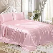 Homiest Satin Sheet Set Deep Pocket Silky Satin 100% Polyester Solid Sheet Set - Wrinkle Free Hypoallergenic Bedding Fitted and Flat Sheet Set (Single, Blush Pink)