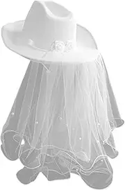 [CurcKua] Bride Cowgirl Hat Elegant White Bride Hat with Veil and Rose Soft Cloth Ribbon White Cowgirl Hat with Strap, Ideal Bride Gifts for Wedding, Party Bride Hat White Cowboy Hat White Cowboy Hat for Women