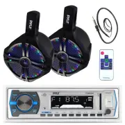 Black 6.5" Marine LED 200W Speakers, Antenna, Pyle Bluetooth USB Bluetooth Radio
