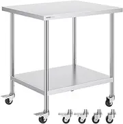 VEVOR Stainless Steel Work Table 30 x 36 x 38 Inch, with 4 Wheels, 3 Adjustable Height Levels, Heavy Duty Food Prep Worktable for Commercial Kitchen Restaurant, Silver