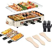 Raclette Grill 1500W, Electric Griddle, Three Functions Electric Indoor Grill, with Grill Net, 2 Cheese Pans, 2 Wooden Spatulas, Gloves, Baking pan，Temperature Control, Dishwasher Safe