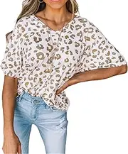 [Zylphorix] Women Leopard Print Round Neck T-Shirt Loose Cheetah Print O-Neck Tees Tops Casual Leopard Crew Neck Tunic Tees