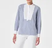 Spanx® Poplin Tuxedo Shirt Postal Blue Narrow White Stripe Sz M NWT