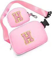 [sawgos] Birthday Gifts for 4 5 6 7 8 9 10 11 12 13 Year Old Girls, Crossbody Bags Fanny Pack with Initial Letter Patch Cute Stuff for Women Girls Teens, Pink, Medium, H