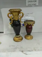 vintage red thick ruby glass gold base armed candle holder set of 2 (30a)
