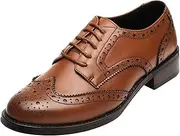 [rismart] Women's Brogue Pointed Toe Wingtips Leather Oxfords Lace-Up Flats