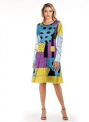 [Shukqueen] Women's Halloween Costume Sally Patchwork Dresses Round Neck Long Sleeve Midi Dress