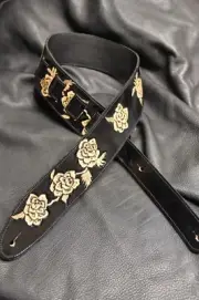 leather guitar strap custom made all by hand 3" Roses black and natural