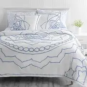 [MARTHA STEWART] Sophia Medallion Chenille King Size Duvet, 3 Piece Set-1 Duvet Cover, 2 Pillow Shams, Cotton-Percale, Soft, Reversible, Easy Wash, All Season 104"x92" with Button Closure, Soft Blue