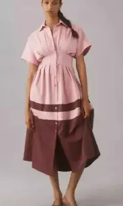 Anthropologie Exquise Tobie Button-Front Pleated Midi Shirt Dress Sz L P